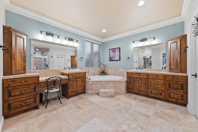 bathroom featuring ornamental molding, a sink, a bath, two vanities, and a stall shower
