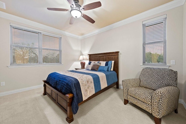bedroom with visible vents, baseboards, carpet, and ornamental molding