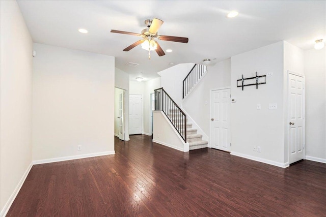 608 Lookout Tree Ln, Round Rock, TX 78664 - unfurnished living room featuring a ceiling fan, wood finished floors, stairs, baseboards, and recessed lighting