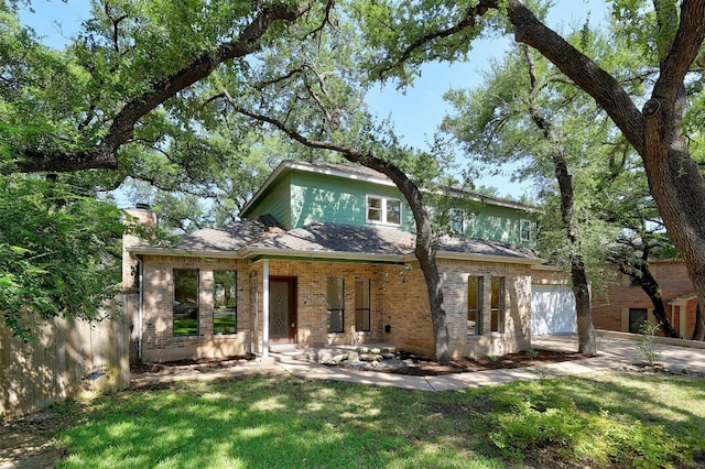 3614 Serena Woods Ct, Austin, TX 78759 - back of house featuring a lawn, a chimney, fence, a porch, and brick siding