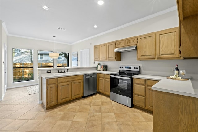 3614 Serena Woods Ct, Austin, TX 78759 - kitchen featuring stainless steel appliances, a peninsula, a sink, and plenty of natural light