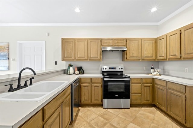 3614 Serena Woods Ct, Austin, TX 78759 - kitchen featuring crown molding, a sink, appliances with stainless steel finishes, light countertops, and under cabinet range hood