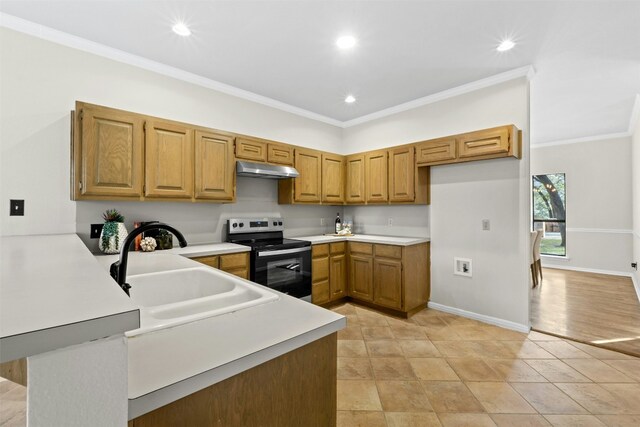 3614 Serena Woods Ct, Austin, TX 78759 - kitchen featuring a peninsula, a sink, crown molding, light countertops, and electric stove