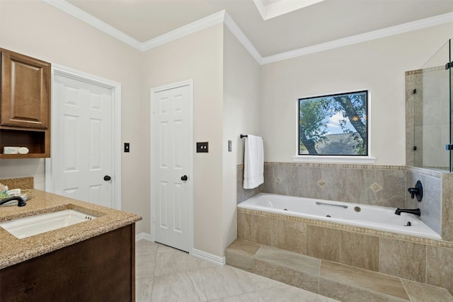 3614 Serena Woods Ct, Austin, TX 78759 - bathroom featuring a garden tub, a sink, baseboards, ornamental molding, and tiled shower