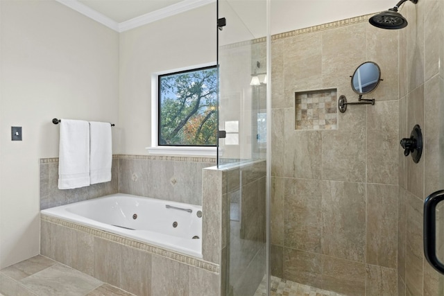 3614 Serena Woods Ct, Austin, TX 78759 - bathroom featuring a whirlpool tub, a shower stall, and crown molding
