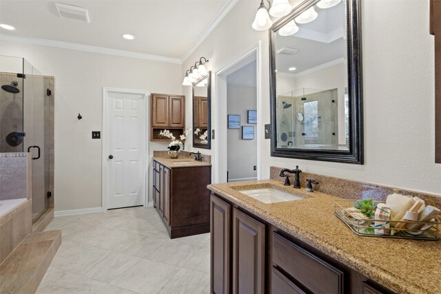 3614 Serena Woods Ct, Austin, TX 78759 - full bathroom featuring tile patterned floors, a sink, a shower stall, and ornamental molding