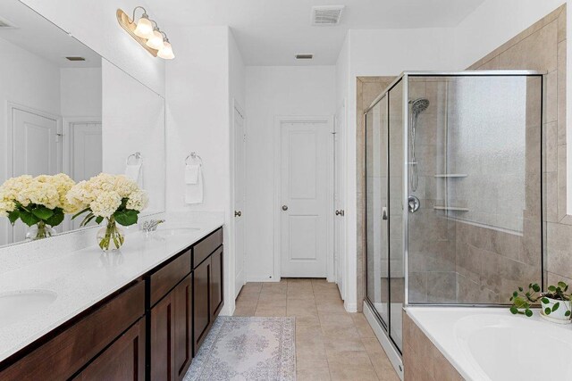 12207 Coronilla Bnd, Austin, TX 78748 - bathroom featuring a shower stall, tile patterned floors, visible vents, and a sink