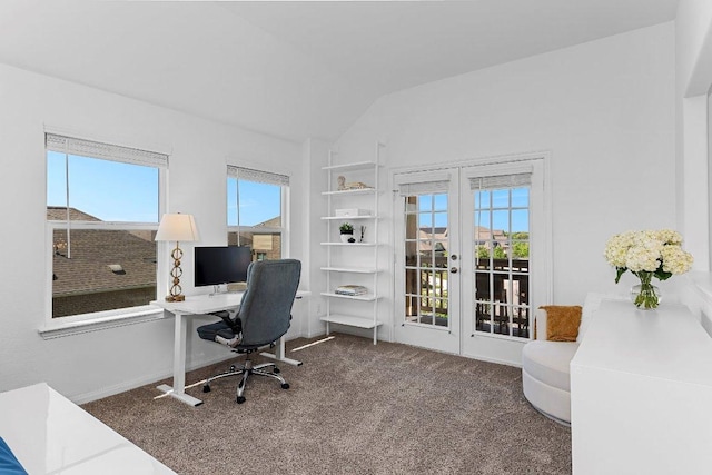 12207 Coronilla Bnd, Austin, TX 78748 - office area with lofted ceiling, french doors, and carpet floors