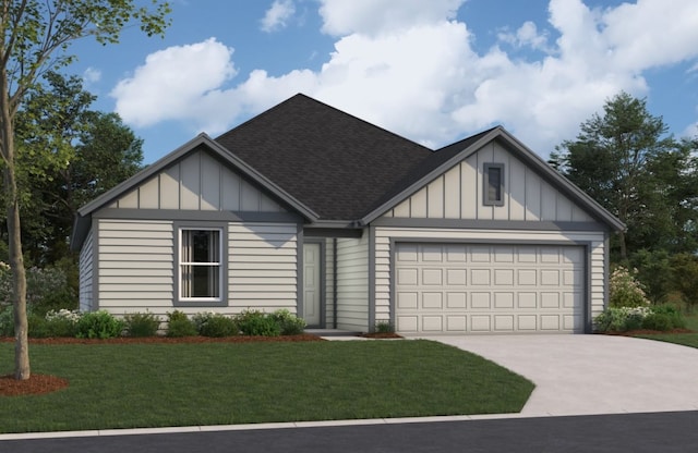 view of front facade featuring board and batten siding, driveway, a front lawn, and a garage