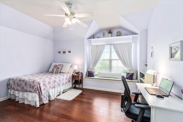 719 Walsh Hill Trl, Cedar Park, TX 78613 - bedroom with wood finished floors, an office area, baseboards, lofted ceiling, and a ceiling fan