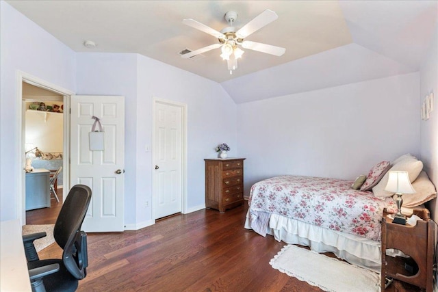 719 Walsh Hill Trl, Cedar Park, TX 78613 - bedroom with wood finished floors, lofted ceiling, ceiling fan, baseboards, and an office area