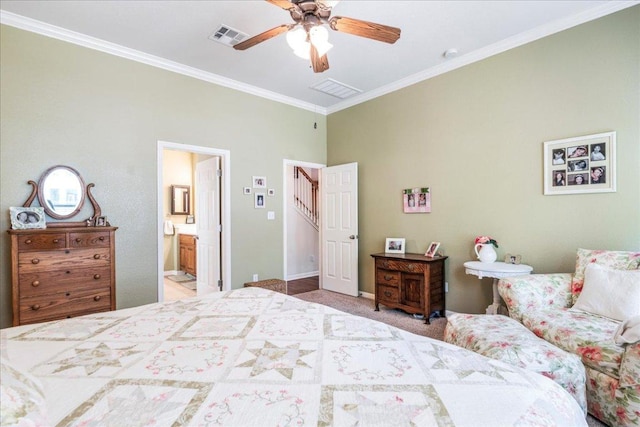 719 Walsh Hill Trl, Cedar Park, TX 78613 - bedroom featuring ornamental molding, connected bathroom, ceiling fan, carpet flooring, and baseboards