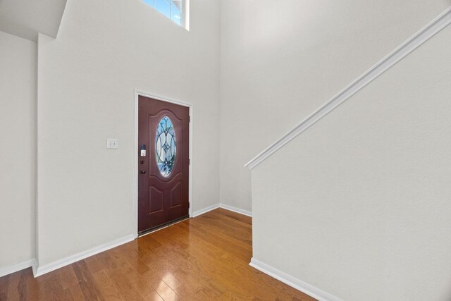 1444 Newbury St, Georgetown, TX 78626 - foyer entrance featuring wood finished floors, baseboards, and a towering ceiling