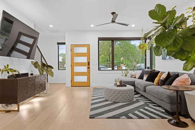 6002 Ponca St Unit 1, Austin, TX 78741 - living area with wood finished floors, recessed lighting, and ceiling fan