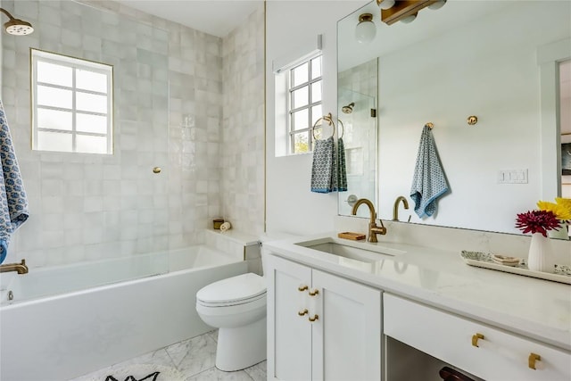 1004 Gaston Ave, Austin, TX 78703 - bathroom with vanity, toilet, marble finish flooring, and bathing tub / shower combination