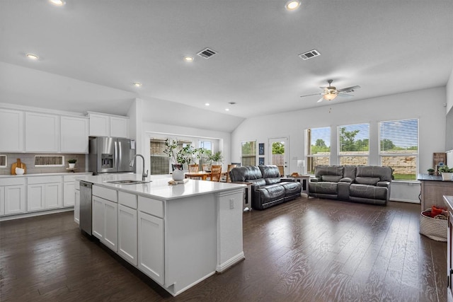 600 Spurlock Way, Liberty Hill, TX 78642 - kitchen featuring appliances with stainless steel finishes, plenty of natural light, a ceiling fan, light countertops, and lofted ceiling