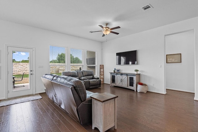 600 Spurlock Way, Liberty Hill, TX 78642 - living area featuring healthy amount of natural light, ceiling fan, and dark wood-style floors