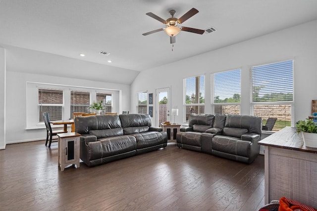600 Spurlock Way, Liberty Hill, TX 78642 - living area featuring dark wood-type flooring, ceiling fan, lofted ceiling, and recessed lighting