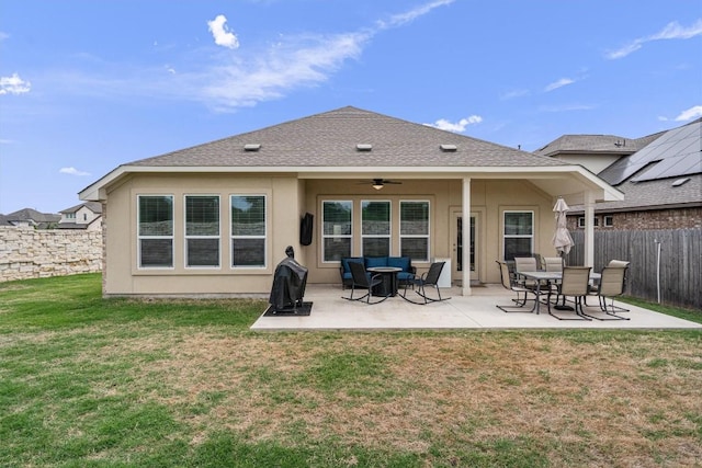 600 Spurlock Way, Liberty Hill, TX 78642 - back of property featuring ceiling fan, a fenced backyard, a patio, and roof with shingles