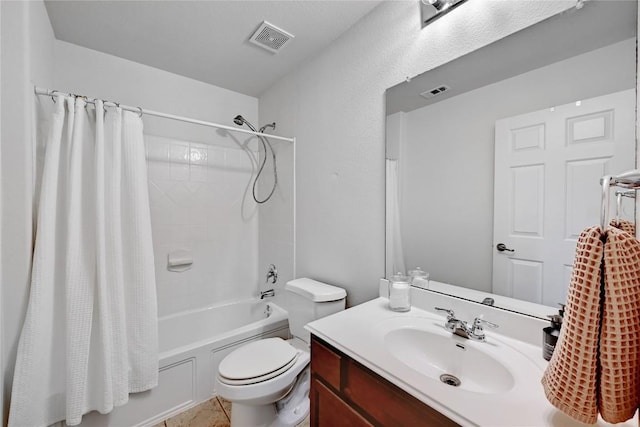 bathroom featuring vanity, visible vents, shower / bathtub combination with curtain, and toilet