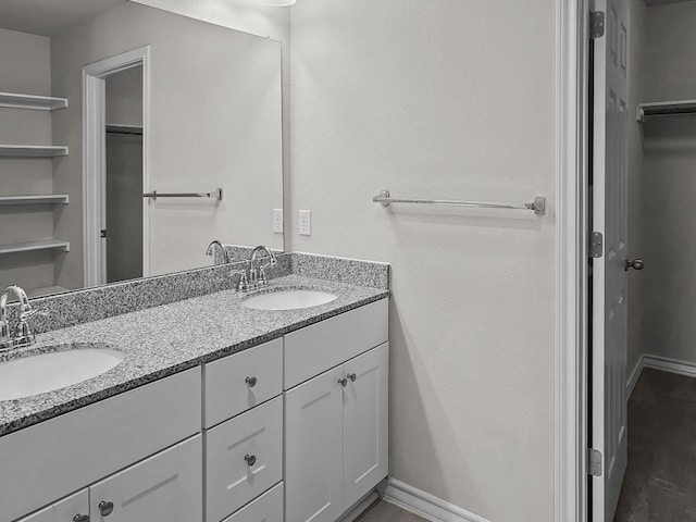 bathroom featuring a walk in closet, double vanity, and a sink