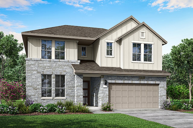 view of front of home with a shingled roof, concrete driveway, board and batten siding, stone siding, and a garage