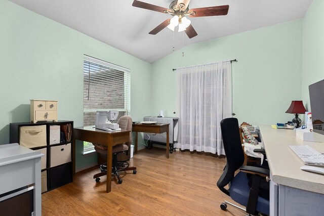3325 Cantera Way, Round Rock, TX 78681 - home office featuring vaulted ceiling, light wood-style floors, and a ceiling fan