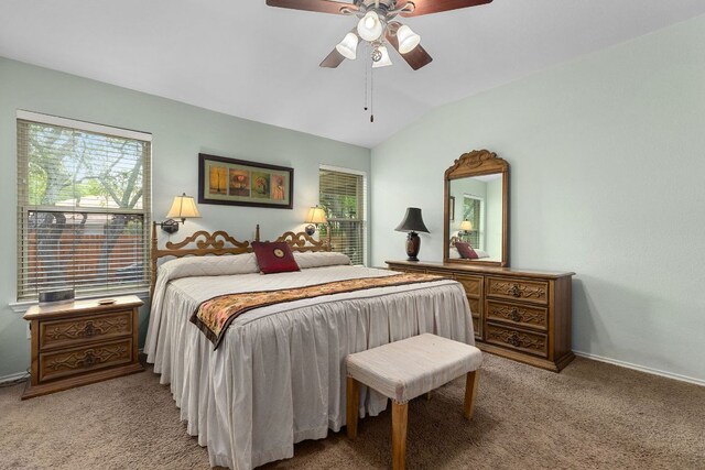 3325 Cantera Way, Round Rock, TX 78681 - carpeted bedroom with multiple windows, lofted ceiling, baseboards, and ceiling fan