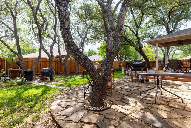 3325 Cantera Way, Round Rock, TX 78681 - fenced backyard featuring outdoor dining space, a ceiling fan, a patio, and grilling area