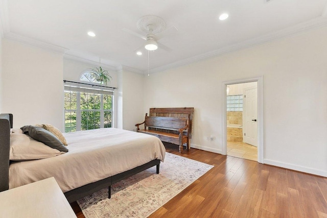 203 Saddle Blanket Dr, Dripping Springs, TX 78620 - bedroom featuring ornamental molding, hardwood / wood-style flooring, recessed lighting, ensuite bath, and a ceiling fan