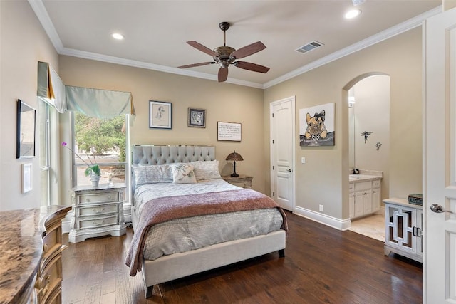 4616 High Gate Dr, Austin, TX 78730 - bedroom with ornamental molding, dark wood-style floors, arched walkways, recessed lighting, and ensuite bath
