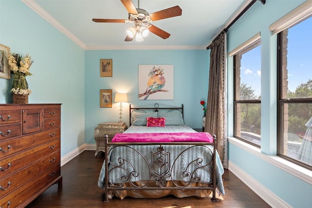 4616 High Gate Dr, Austin, TX 78730 - bedroom with dark wood finished floors, crown molding, and ceiling fan