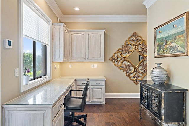 4616 High Gate Dr, Austin, TX 78730 - office space with crown molding, dark wood finished floors, built in desk, and recessed lighting