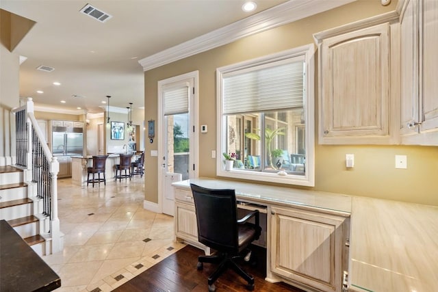 4616 High Gate Dr, Austin, TX 78730 - office area with crown molding, built in desk, light tile patterned floors, and recessed lighting