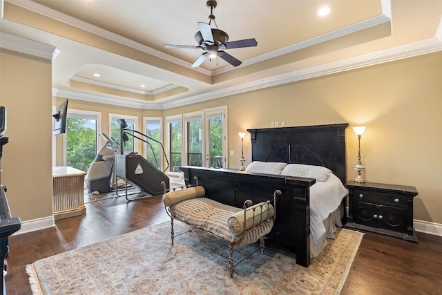 4616 High Gate Dr, Austin, TX 78730 - bedroom featuring crown molding, a tray ceiling, wood finished floors, and recessed lighting