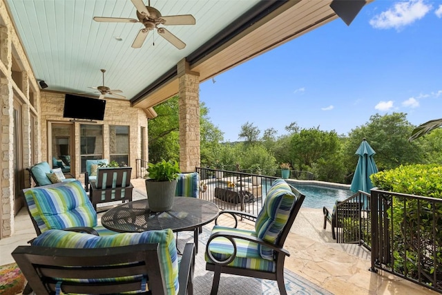 4616 High Gate Dr, Austin, TX 78730 - view of patio featuring a ceiling fan, an outdoor pool, and outdoor dining space