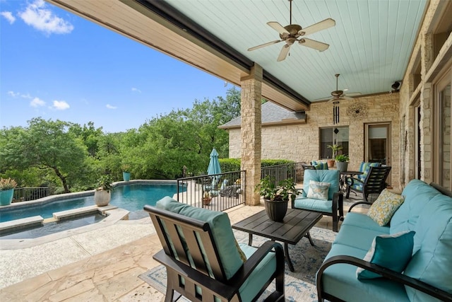 4616 High Gate Dr, Austin, TX 78730 - view of patio featuring a ceiling fan, an outdoor hangout area, and a pool with connected hot tub
