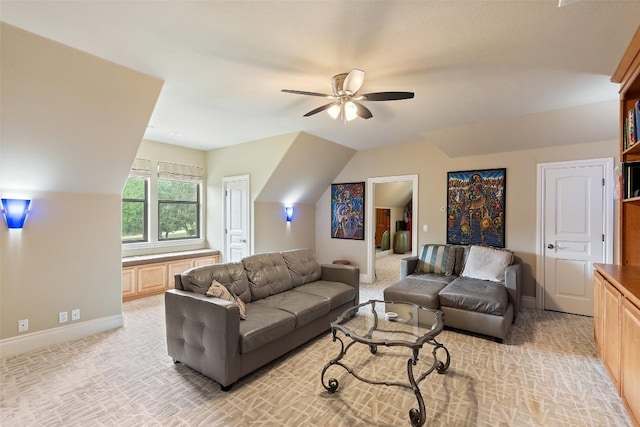 4616 High Gate Dr, Austin, TX 78730 - living area featuring ceiling fan, light colored carpet, and vaulted ceiling