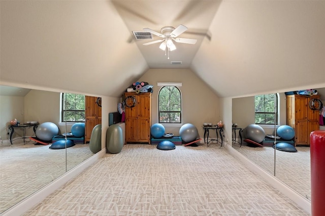 4616 High Gate Dr, Austin, TX 78730 - exercise area featuring carpet, plenty of natural light, a ceiling fan, and lofted ceiling