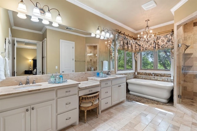 4616 High Gate Dr, Austin, TX 78730 - full bath featuring double vanity, a freestanding bath, a shower stall, a chandelier, and ornamental molding