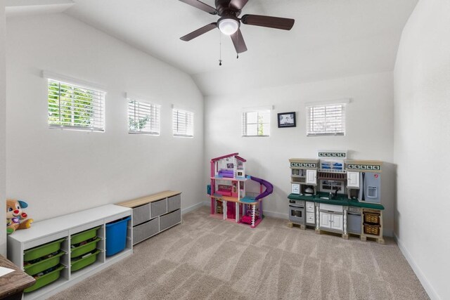 17109 Calipatria Ln, Pflugerville, TX 78660 - rec room with lofted ceiling, a ceiling fan, and carpet