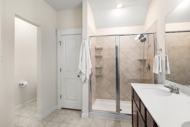 17109 Calipatria Ln, Pflugerville, TX 78660 - full bathroom with a stall shower, tile patterned flooring, and double vanity