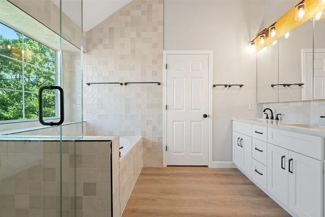 1006 Mesquite Hollow Pl, Round Rock, TX 78665 - full bath featuring double vanity, a garden tub, wood finished floors, a tile shower, and decorative backsplash