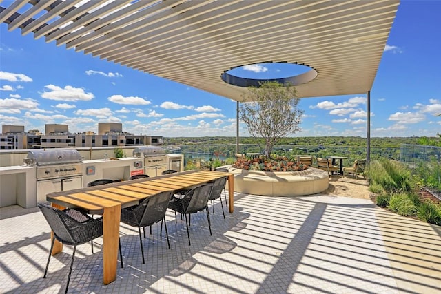 balcony with area for grilling, a patio, and outdoor dining area