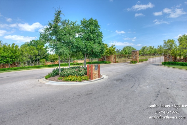 view of street with a gated entry, curbs, and a gate