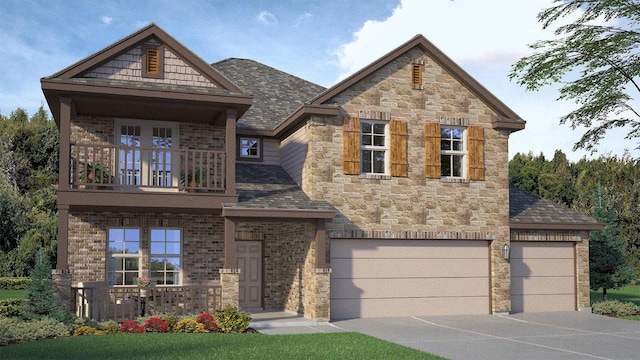 view of front of home featuring a balcony, concrete driveway, stone siding, an attached garage, and roof with shingles