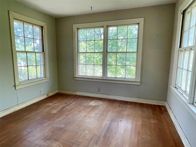 empty room with a wealth of natural light, wood finished floors, and baseboards