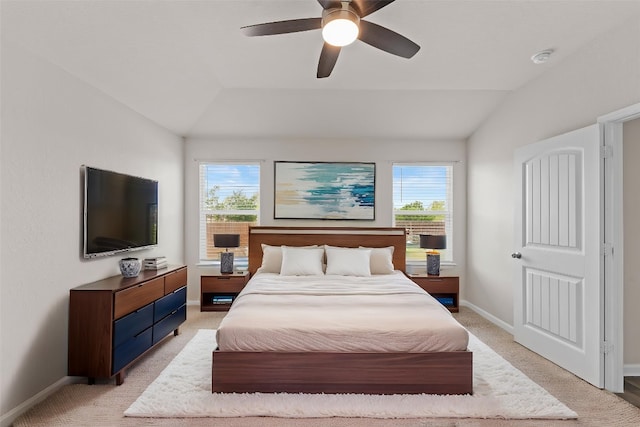 109 Rochester Ln, Hutto, TX 78634 - bedroom with lofted ceiling, light colored carpet, baseboards, multiple windows, and a ceiling fan