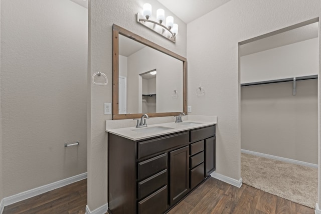 109 Rochester Ln, Hutto, TX 78634 - bathroom featuring double vanity, wood finished floors, and a spacious closet