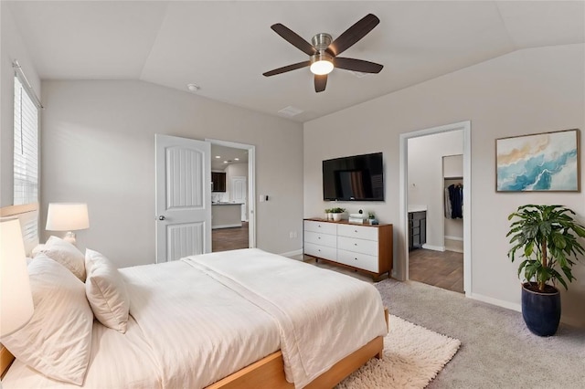 109 Rochester Ln, Hutto, TX 78634 - bedroom with lofted ceiling, carpet, baseboards, ensuite bathroom, and a spacious closet